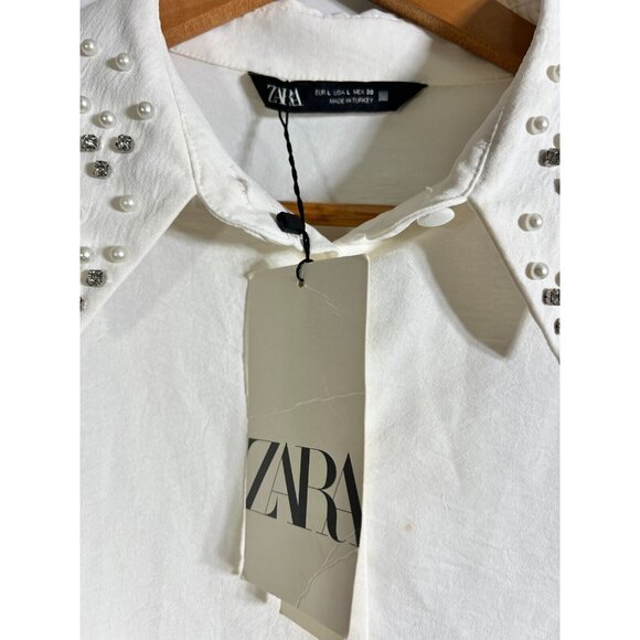 Zara Ivory Blouse with Pearl Rhinestone Collar Size Large  E8 - Picture 2 of 7